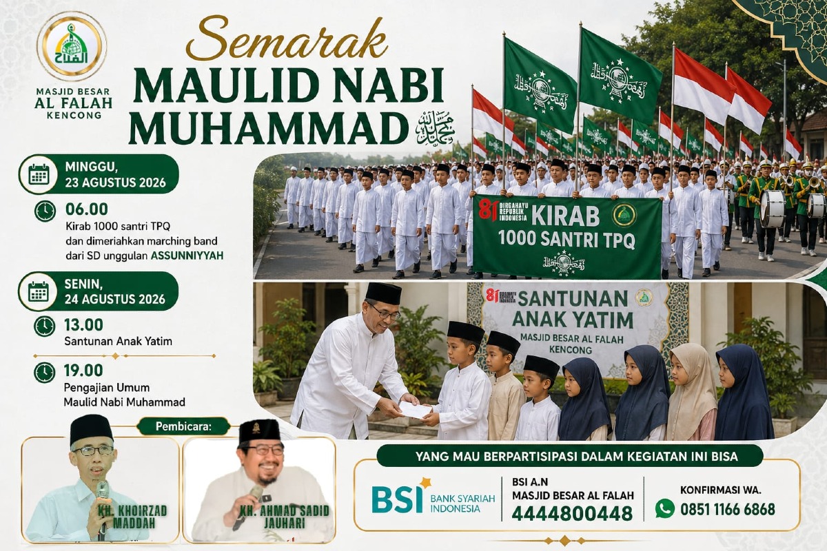 Masjid Besar Al Falah Kencong Gelar "Semarak Maulid Nabi" : Kirab 1000 Santri, Santunan Yatim, dan Pengajian Akbar